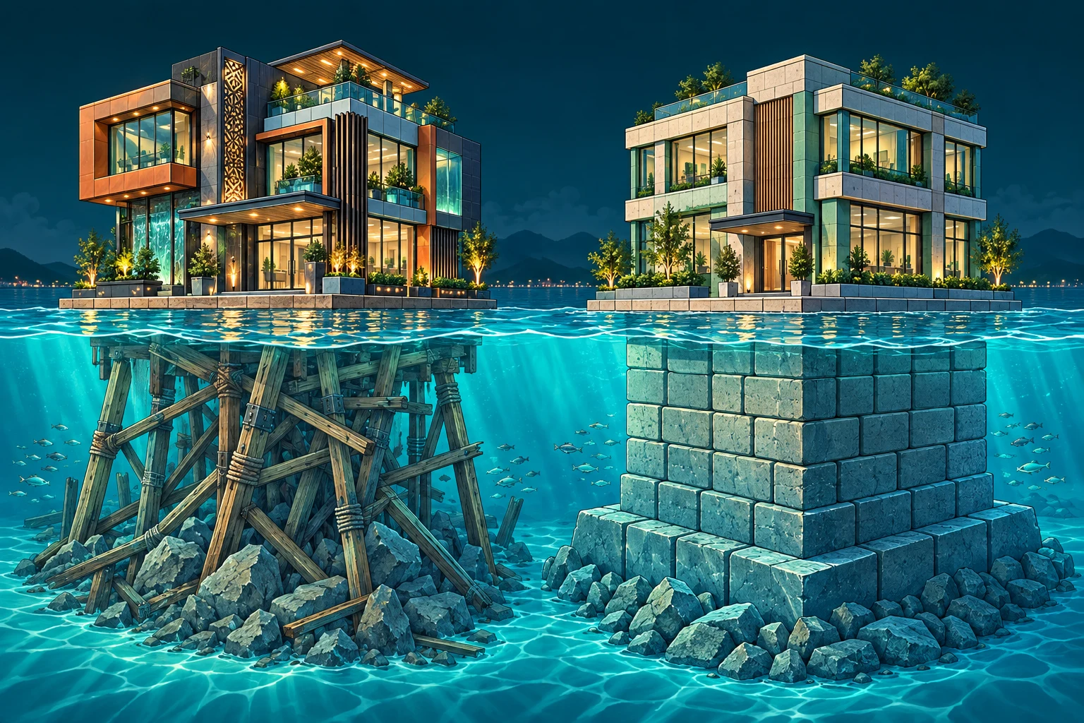 Dos edificios sobre agua turquesa: una fachada ornamentada sobre soportes improvisados y un edificio sobrio sobre una base sólida de bloques.